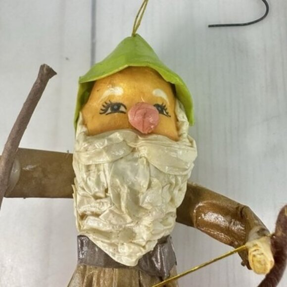 Vintage Elf Gnome Paper Mache Christmas Ornament Bow Arrow Woodsman 5" - Picture 3 of 5